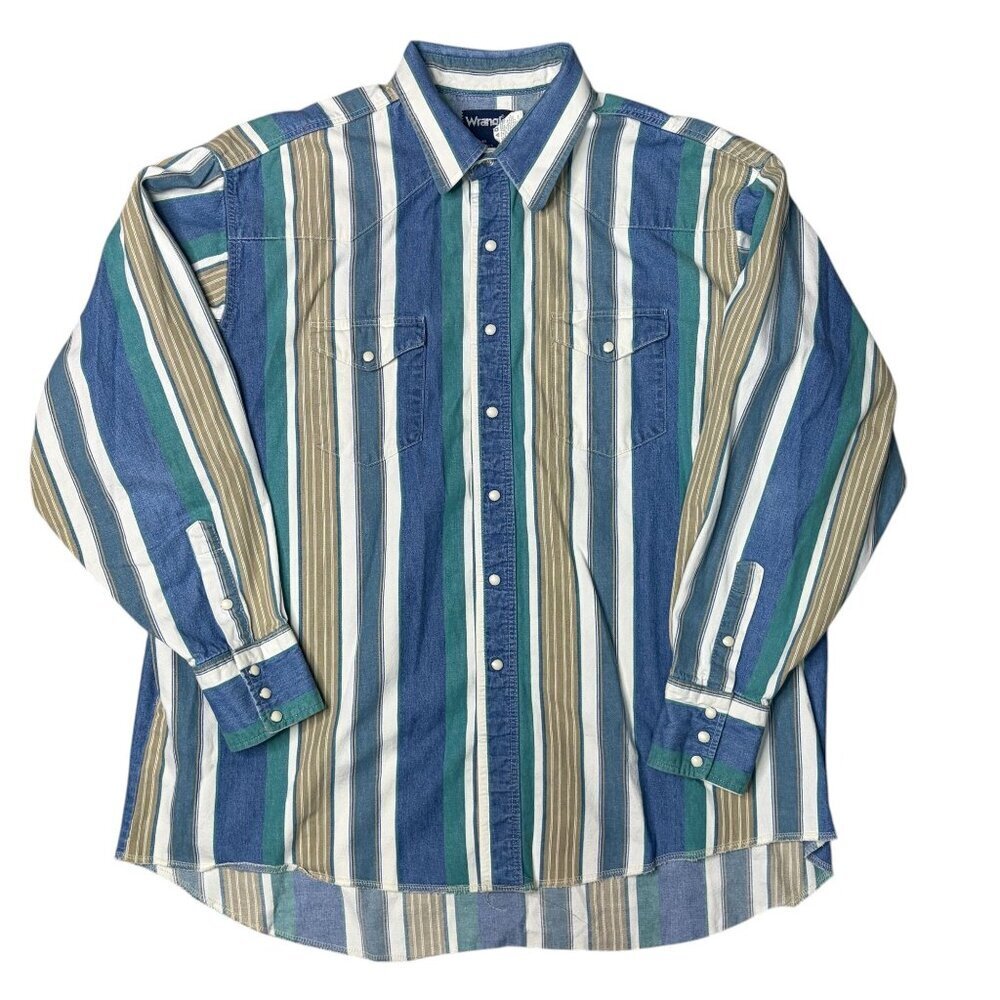 Vtg Wrangler Brushpopper Shirt Size XL Pearl Snap Western Cowboy Stripe Long Tai - Picture 2 of 7